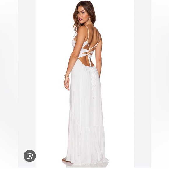Indah Dresses & Skirts - Indah Open Back Cross Tie Ruffle Bottom White Maxi Dress